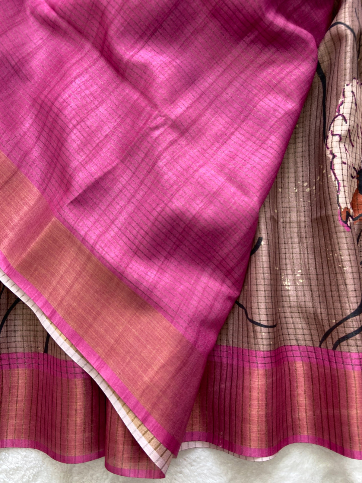 Taupe Brown Tussar Silk Floral Print Saree, view 3
