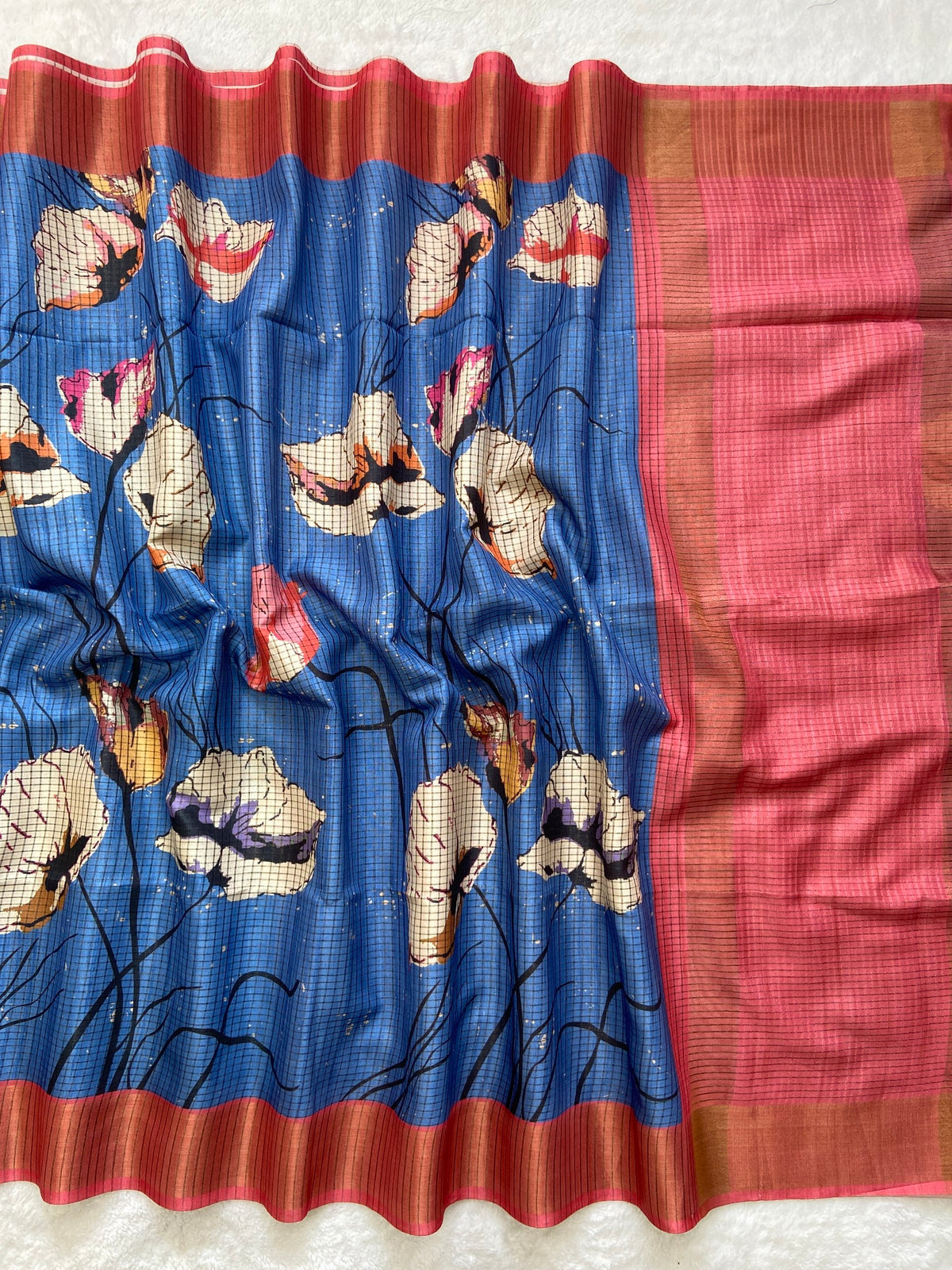 Royal Blue Tussar Silk Floral Print Saree, view 2