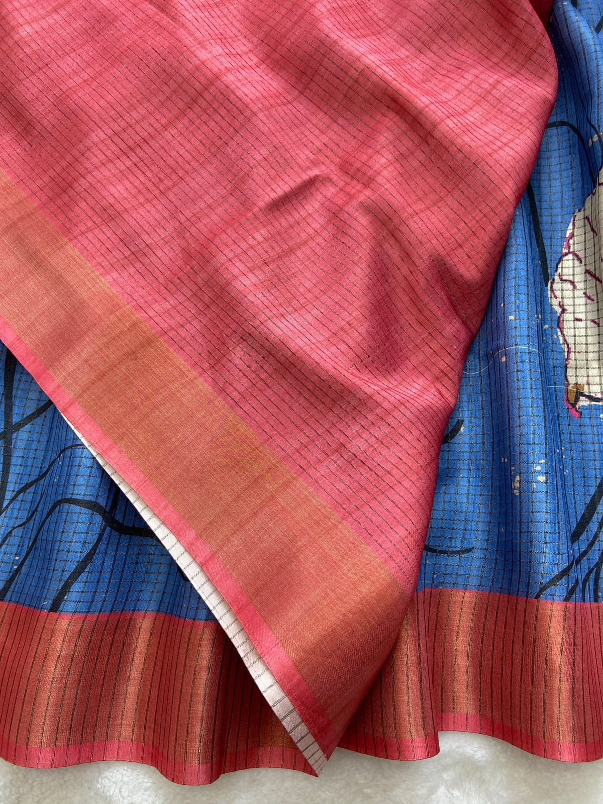 Royal Blue Tussar Silk Floral Print Saree, view 3