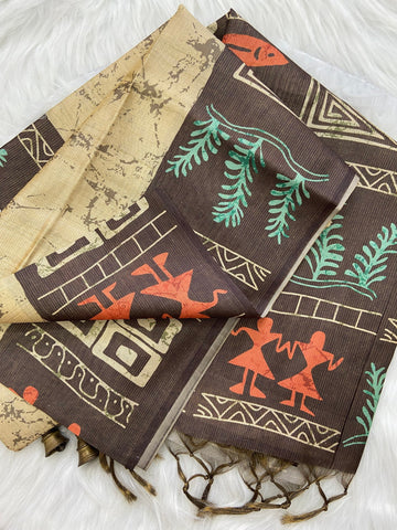 Brown Tussar Silk Tribal Print Saree