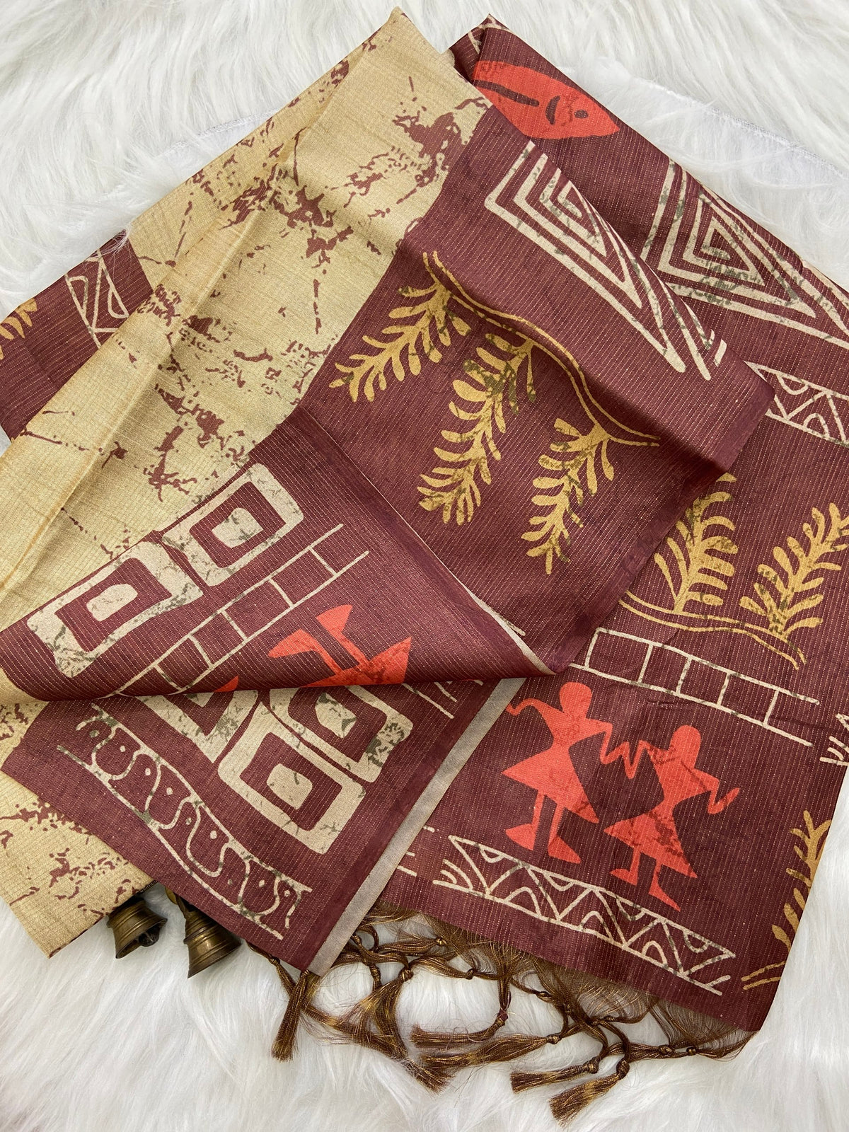 Rust Maroon Tussar Silk Tribal Print Saree