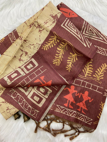 Rust Maroon Tussar Silk Tribal Print Saree
