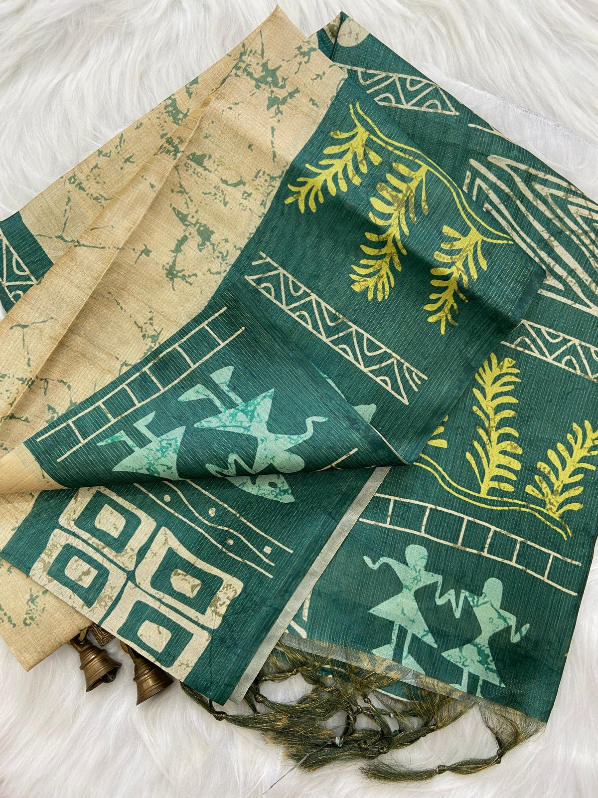 Bottle Green Tussar Silk Tribal Print Saree