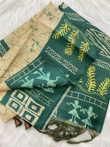 Bottle Green Tussar Silk Tribal Print Saree