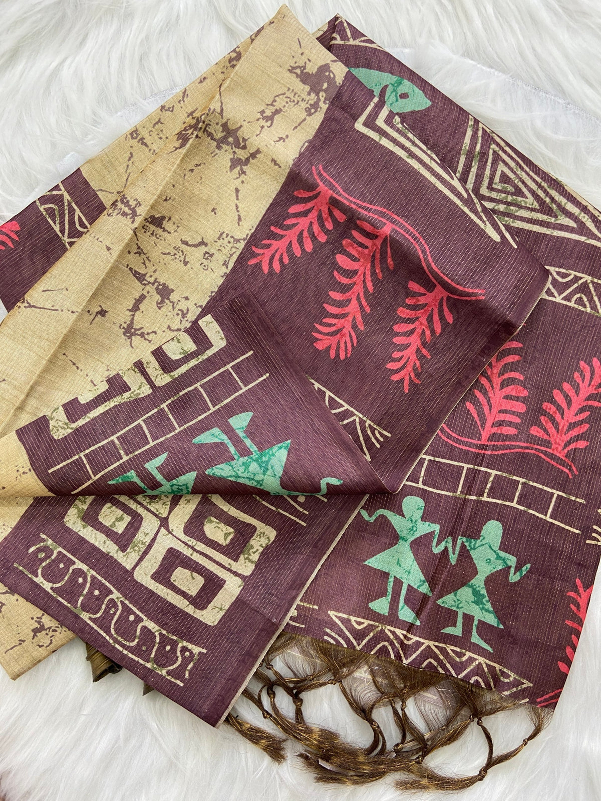 Wine Tussar Silk Tribal Print Saree