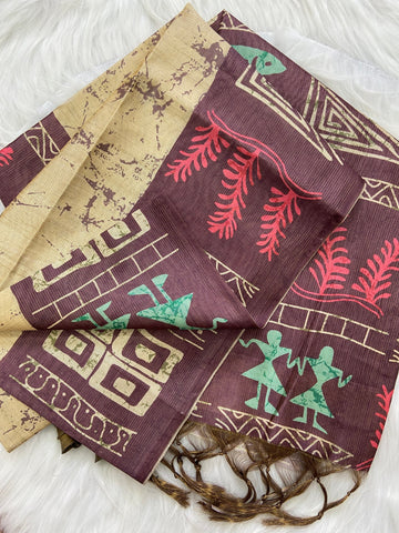 Wine Tussar Silk Tribal Print Saree