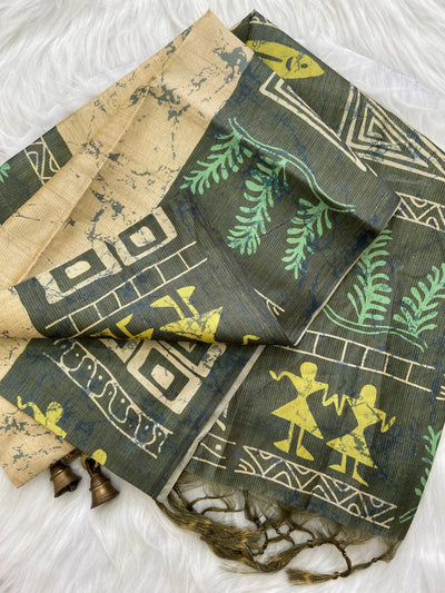 Grey Tussar Silk Tribal Print Saree