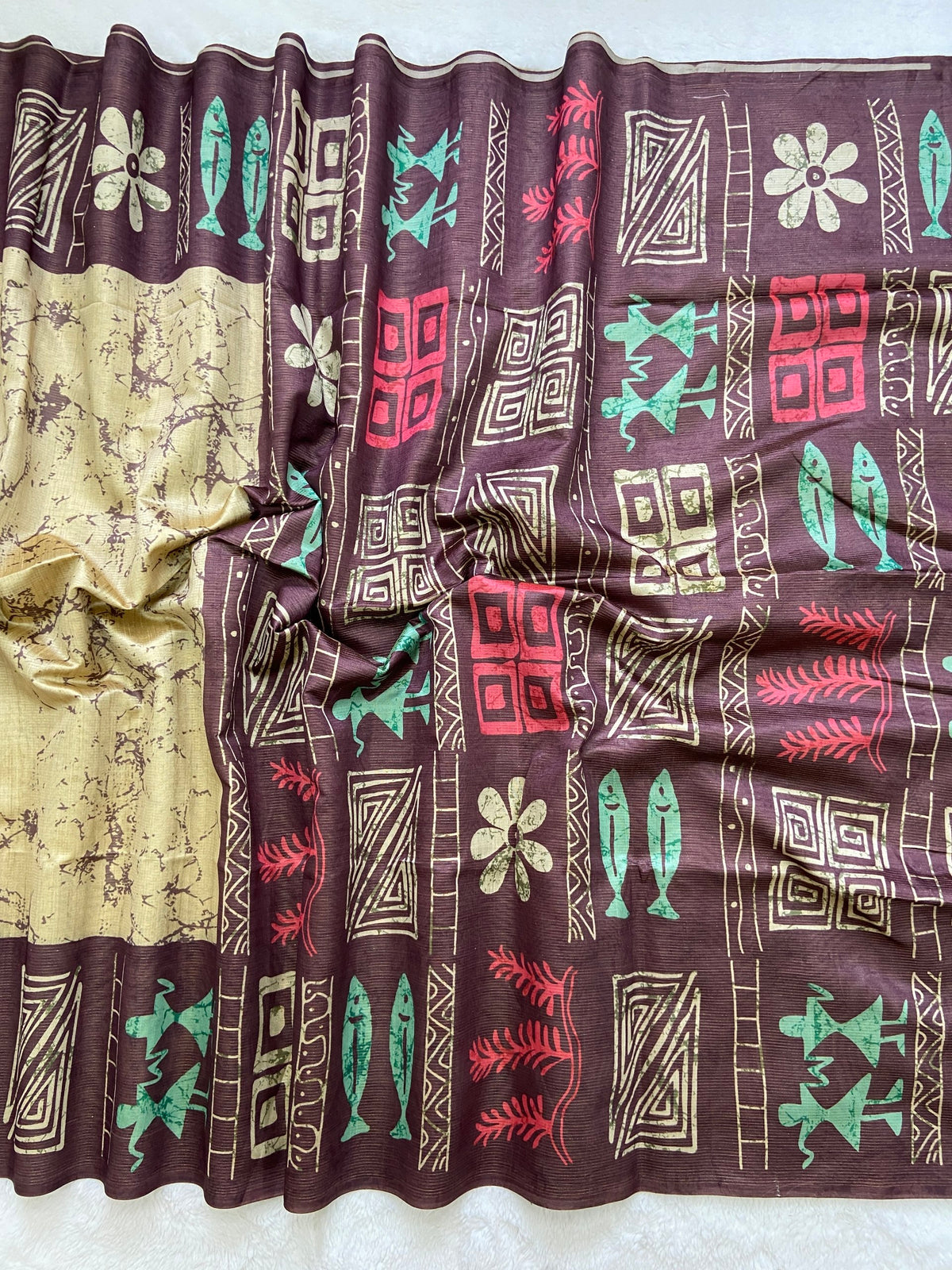 Wine Tussar Silk Tribal Print Saree, view 2