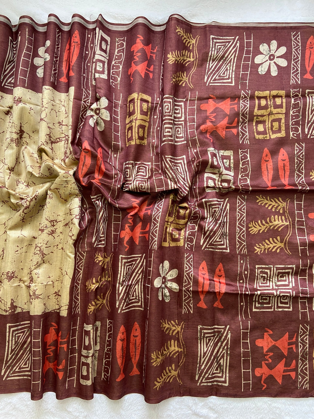 Rust Maroon Tussar Silk Tribal Print Saree, view 2