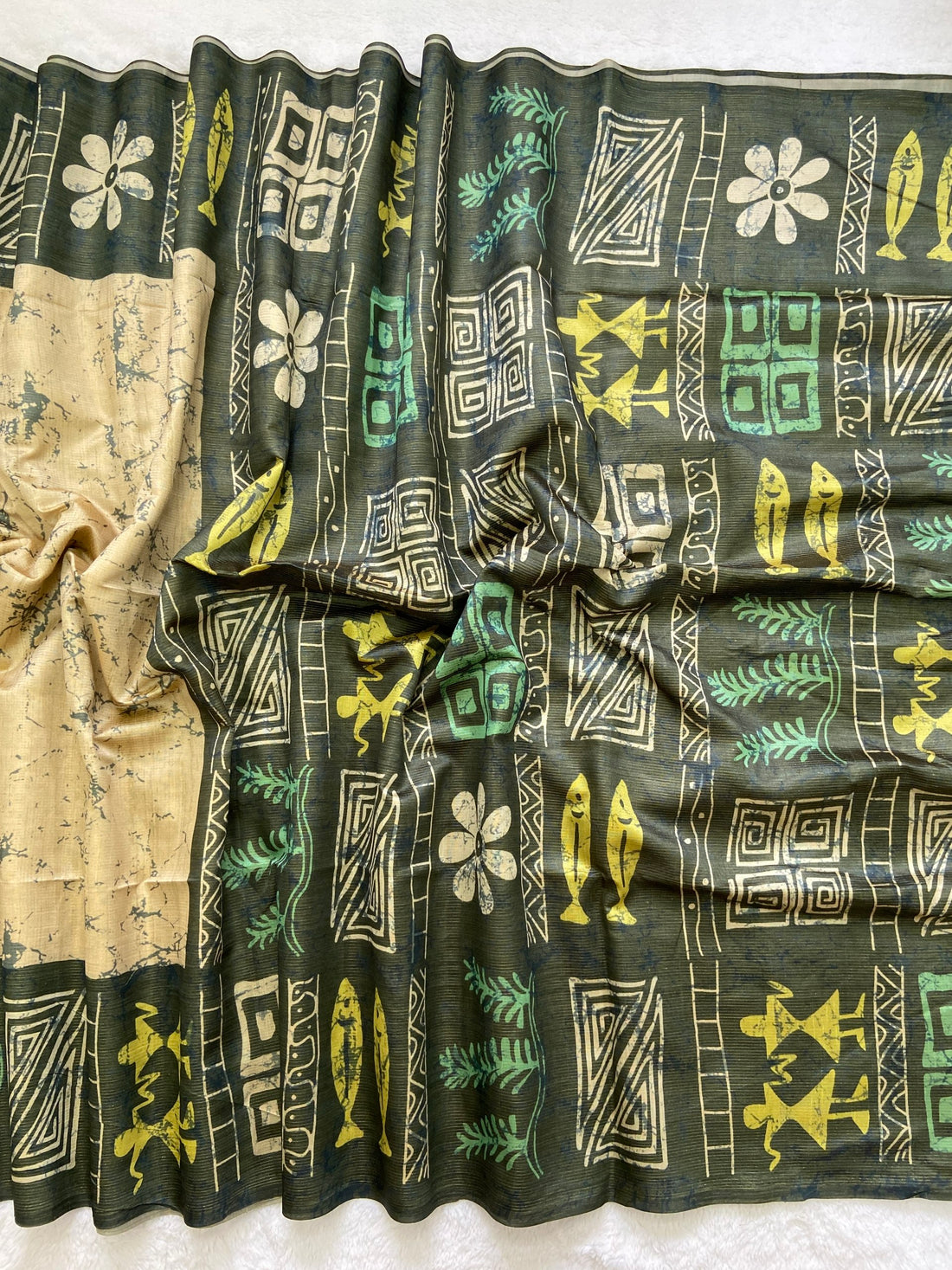 Grey Tussar Silk Tribal Print Saree