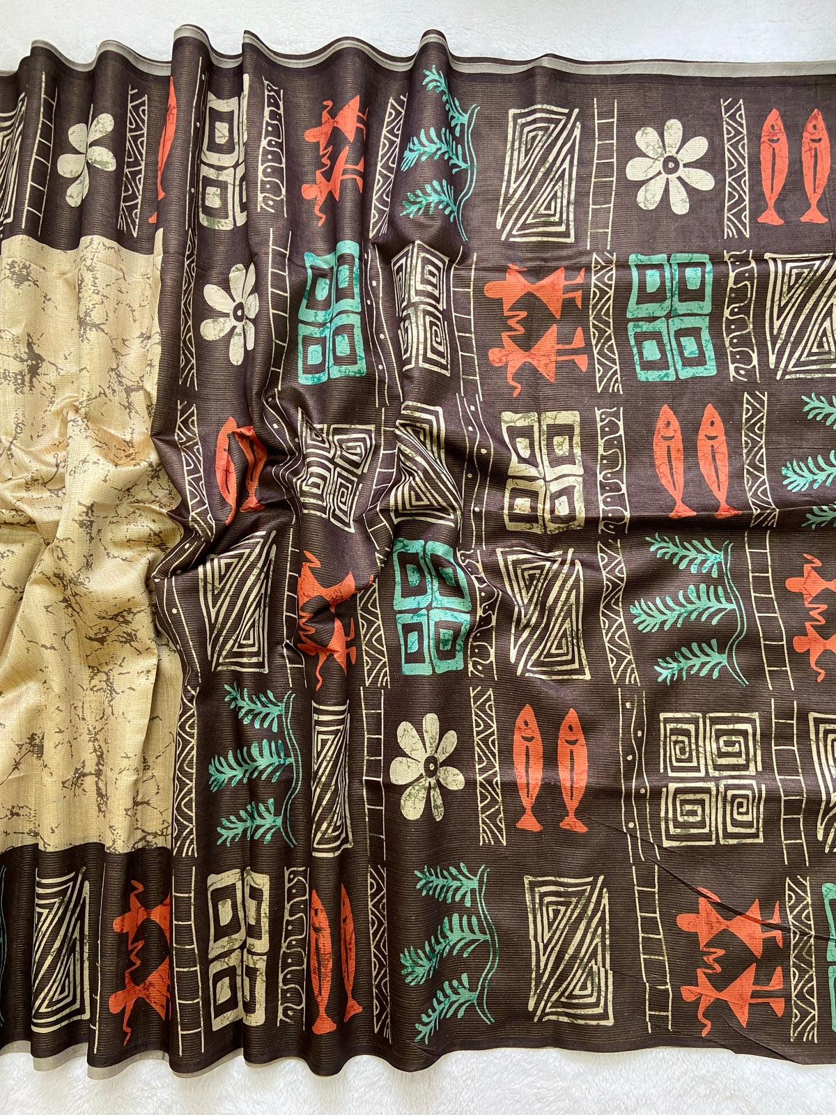 Brown Tussar Silk Tribal Print Saree, view 2