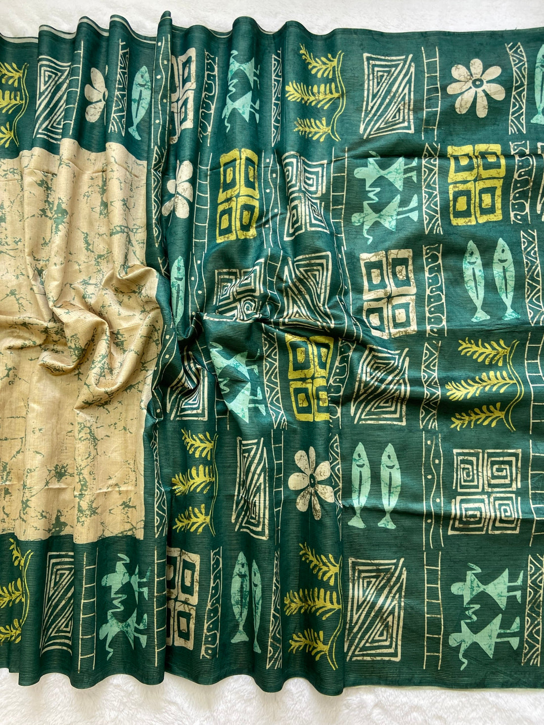 Bottle Green Tussar Silk Tribal Print Saree