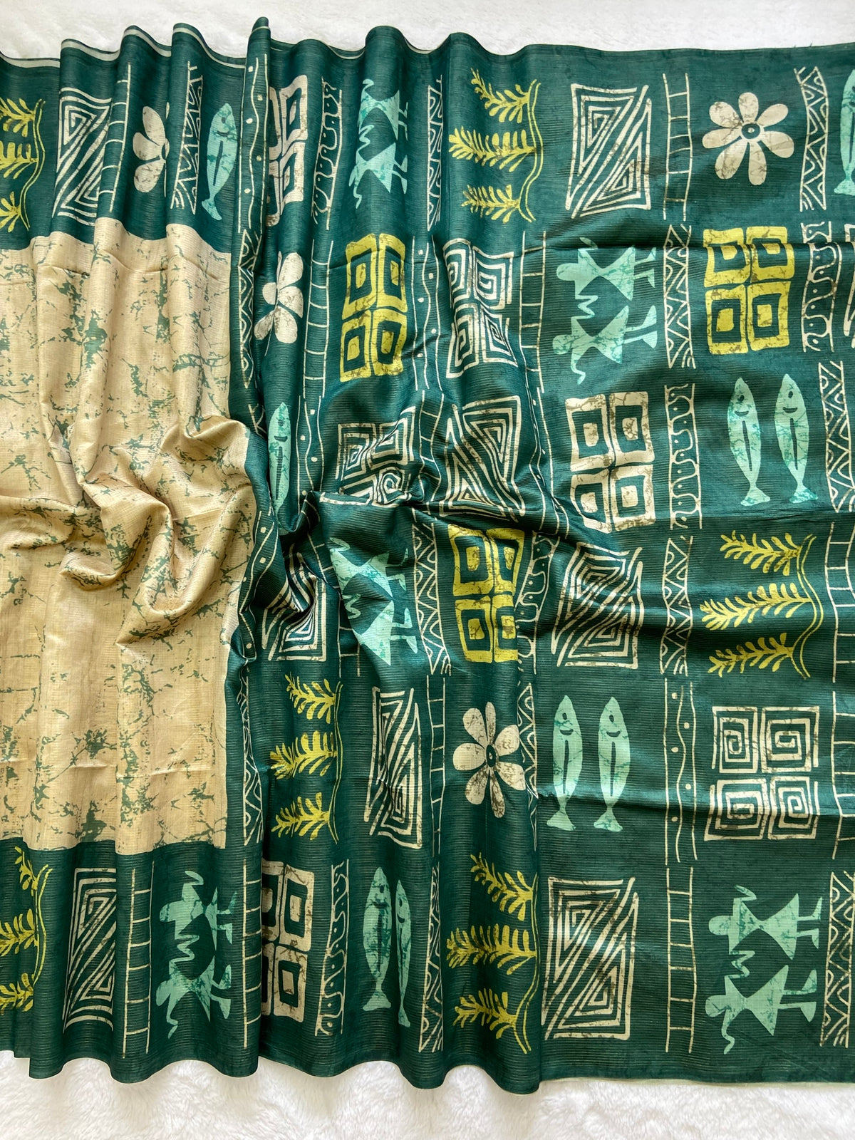 Bottle Green Tussar Silk Tribal Print Saree, view 2