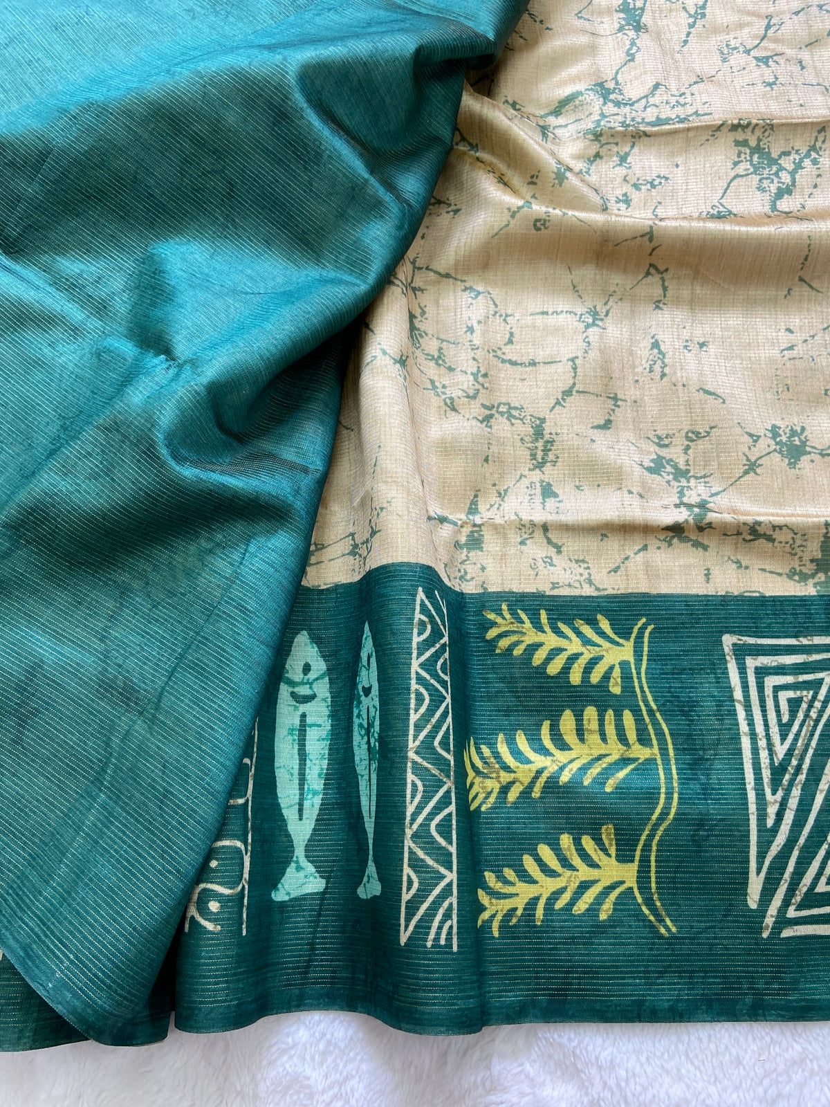 Bottle Green Tussar Silk Tribal Print Saree, view 3