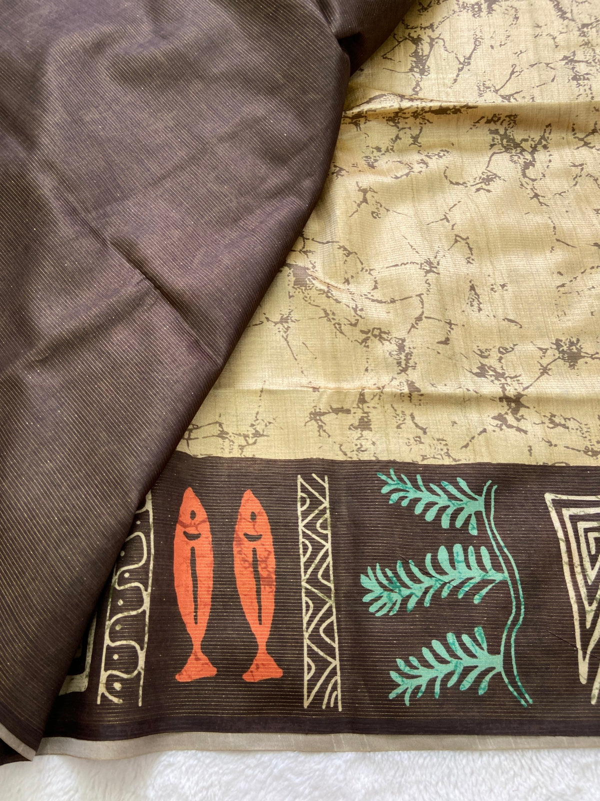 Brown Tussar Silk Tribal Print Saree, view 3