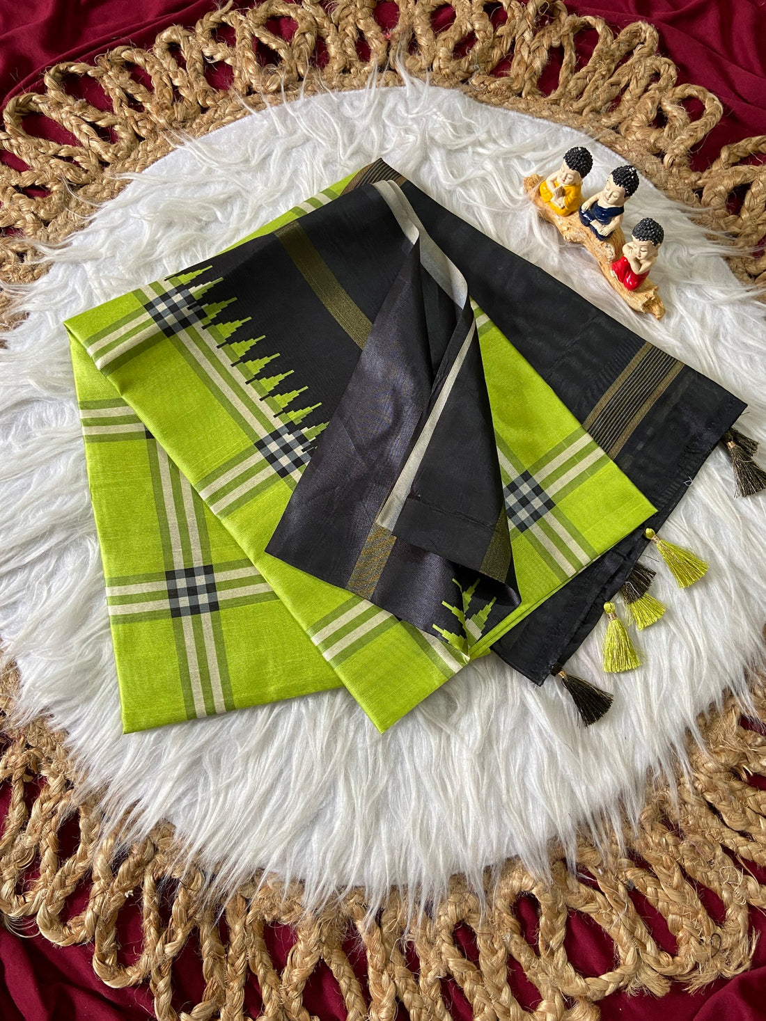 Lime Green Tussar Silk Plaid Saree