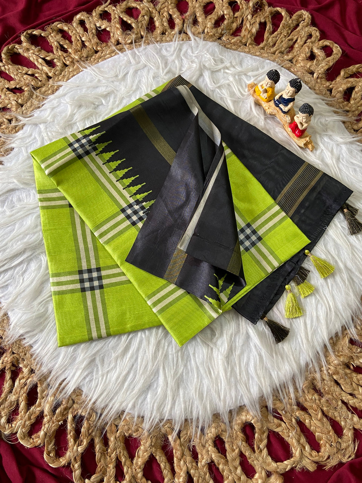 Lime Green Tussar Silk Plaid Saree