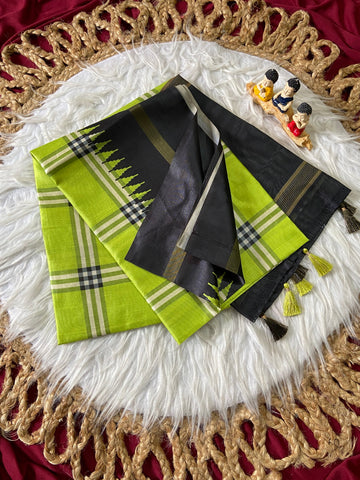 Lime Green Tussar Silk Plaid Saree