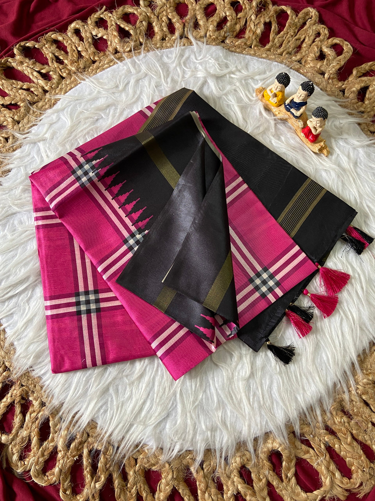 Rani Pink Tussar Silk Plaid Saree