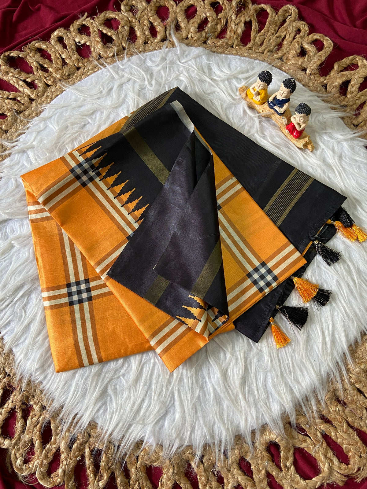 Mustard Tussar Silk Plaid Saree