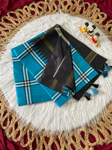 Sky Blue Tussar Silk Plaid Saree