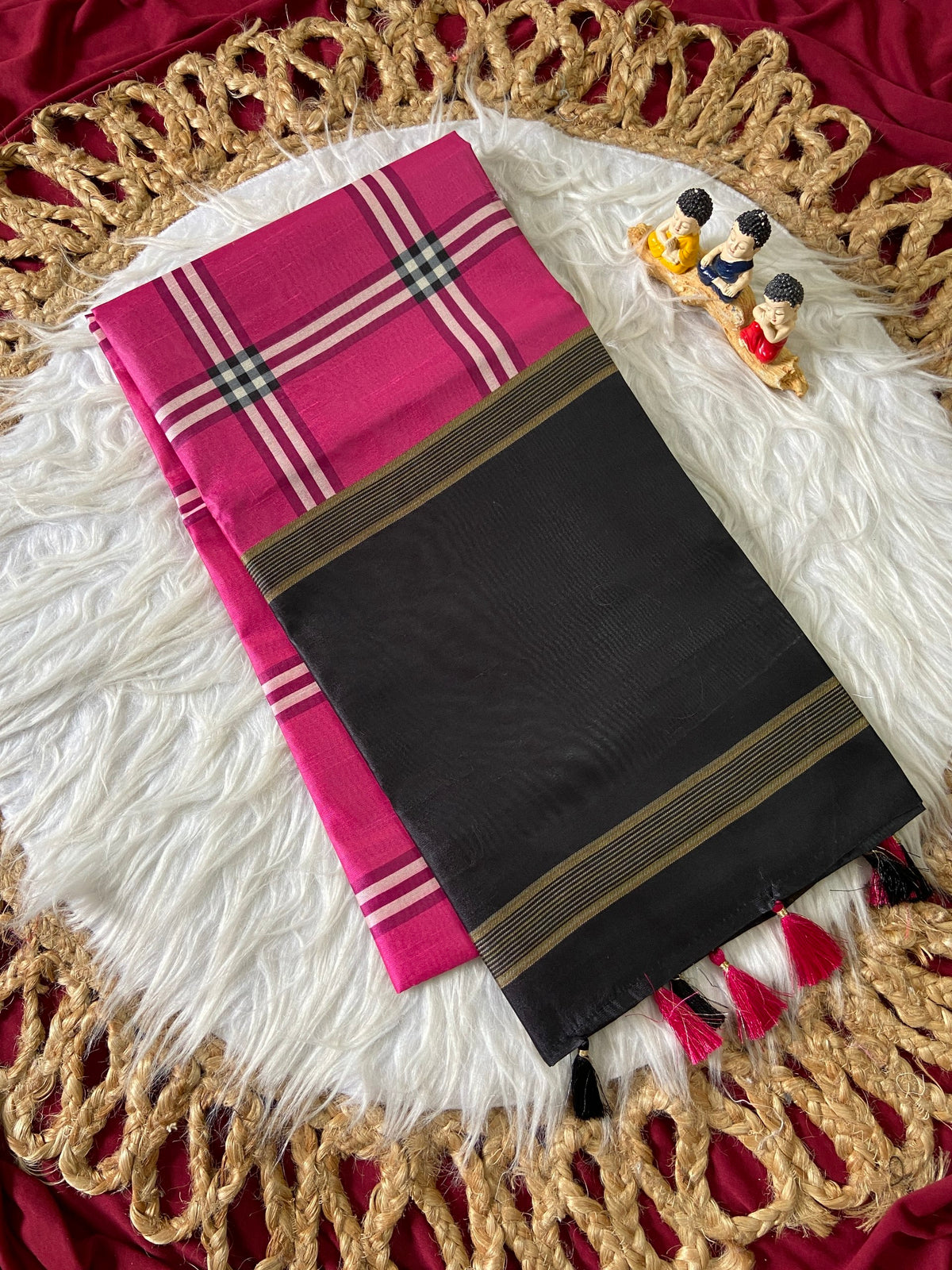 Rani Pink Tussar Silk Plaid Saree, view 2