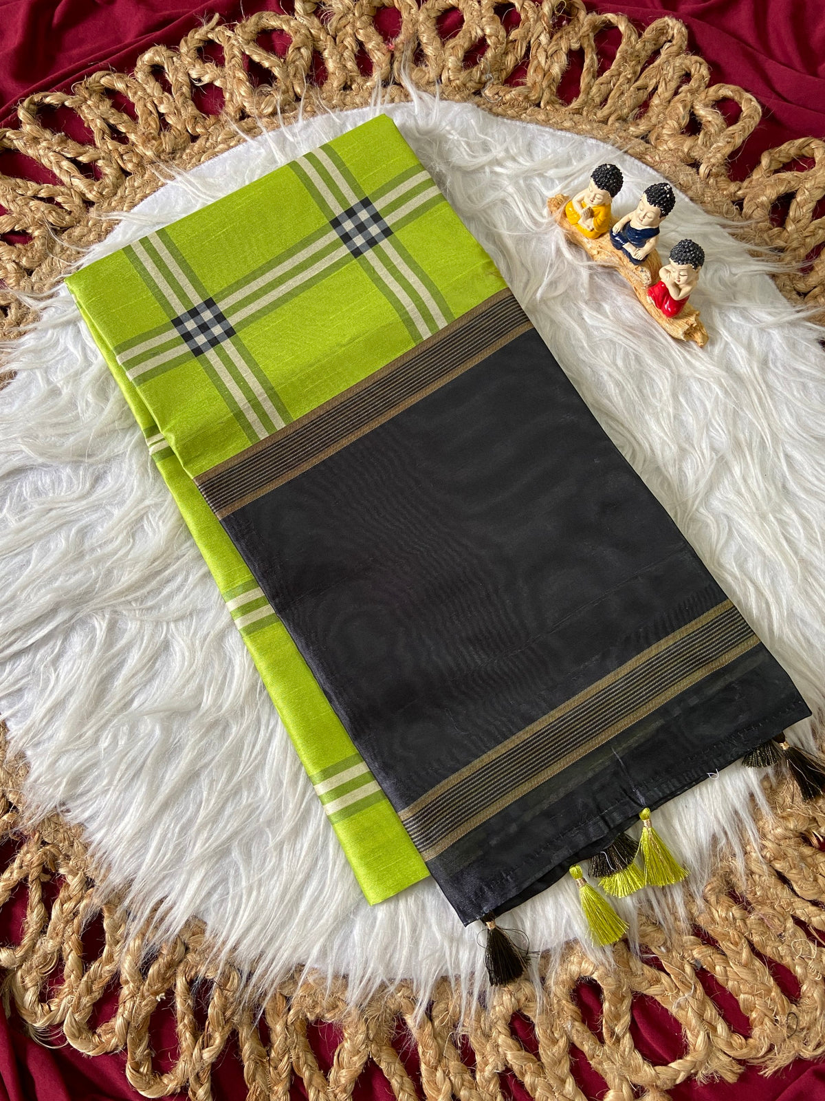 Lime Green Tussar Silk Plaid Saree, view 2