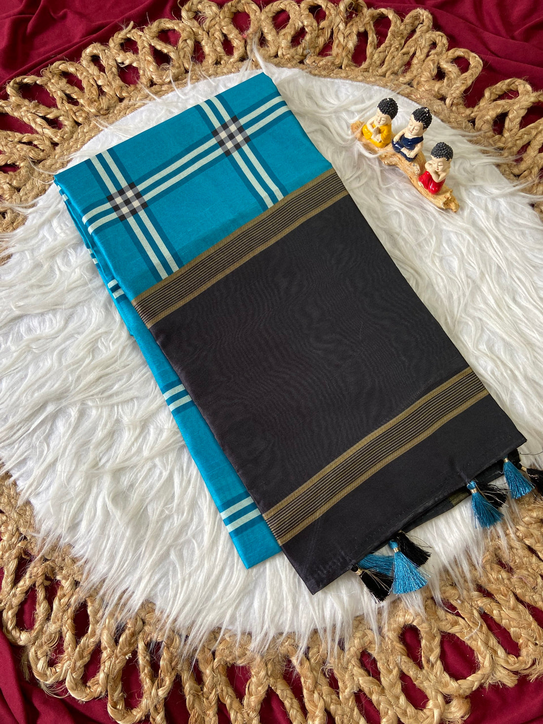 Sky Blue Tussar Silk Plaid Saree