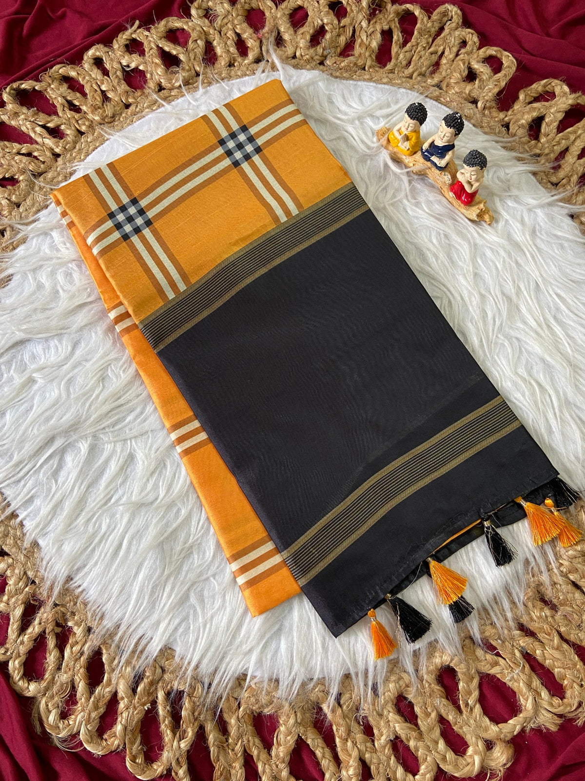 Mustard Tussar Silk Plaid Saree, view 2