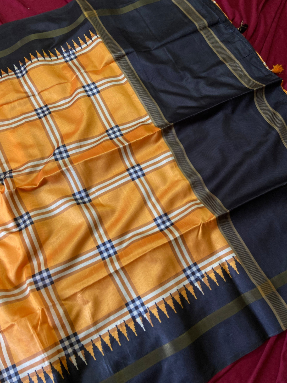 Mustard Tussar Silk Plaid Saree, view 3
