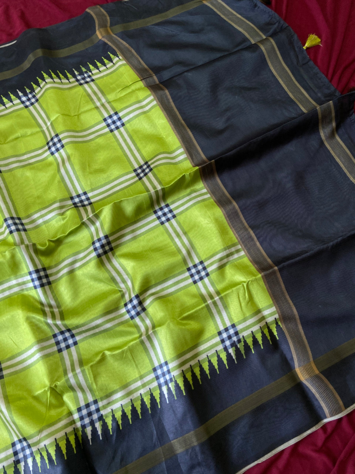 Lime Green Tussar Silk Plaid Saree, view 3