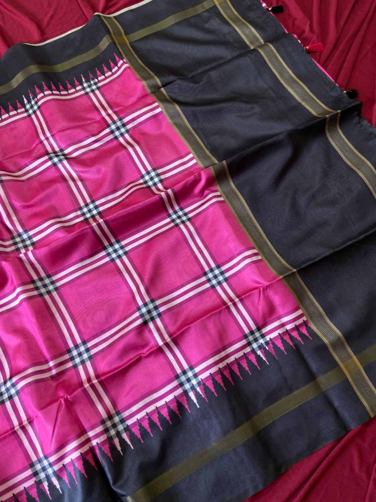 Rani Pink Tussar Silk Plaid Saree, view 3