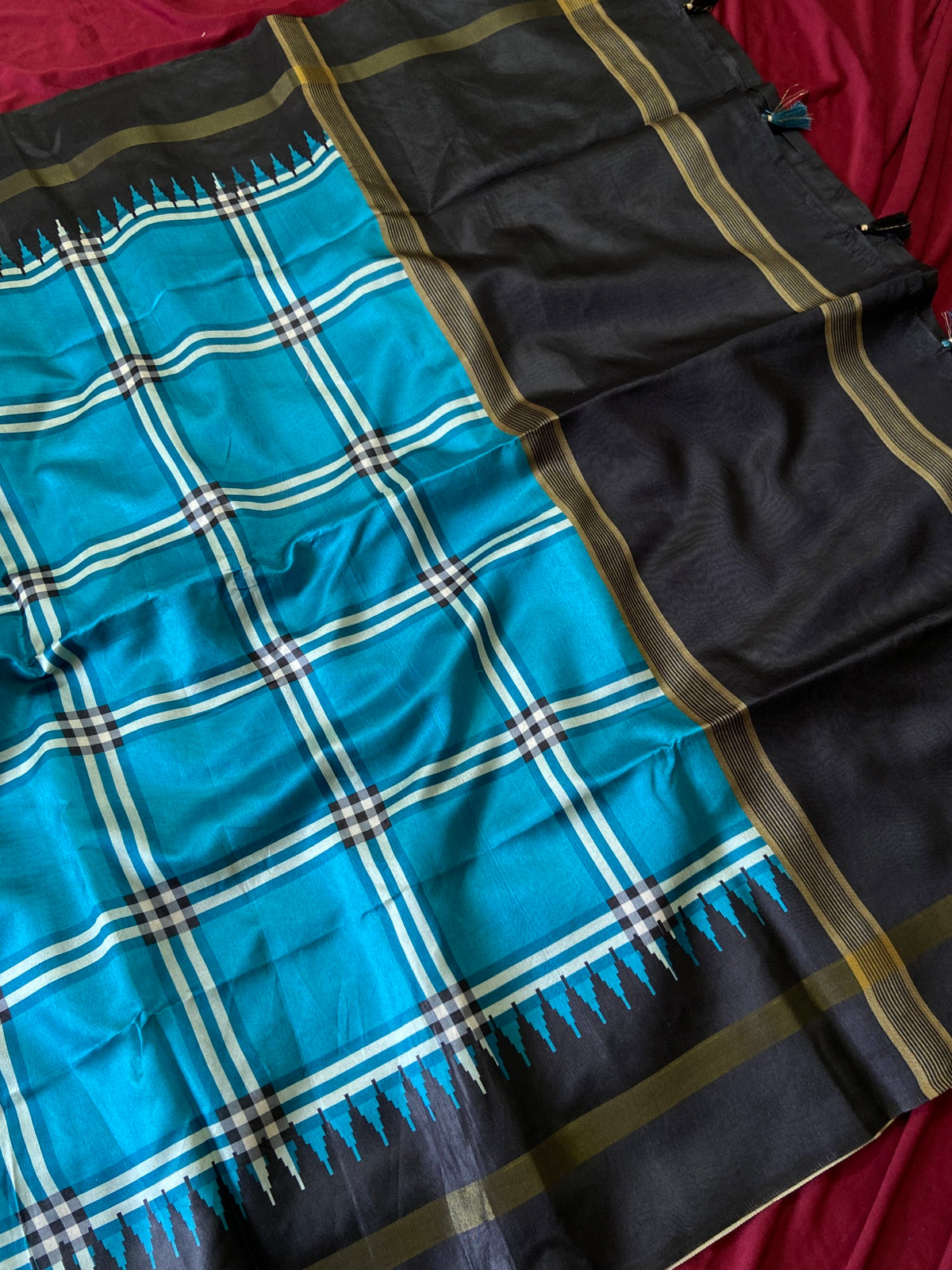 Sky Blue Tussar Silk Plaid Saree, view 3
