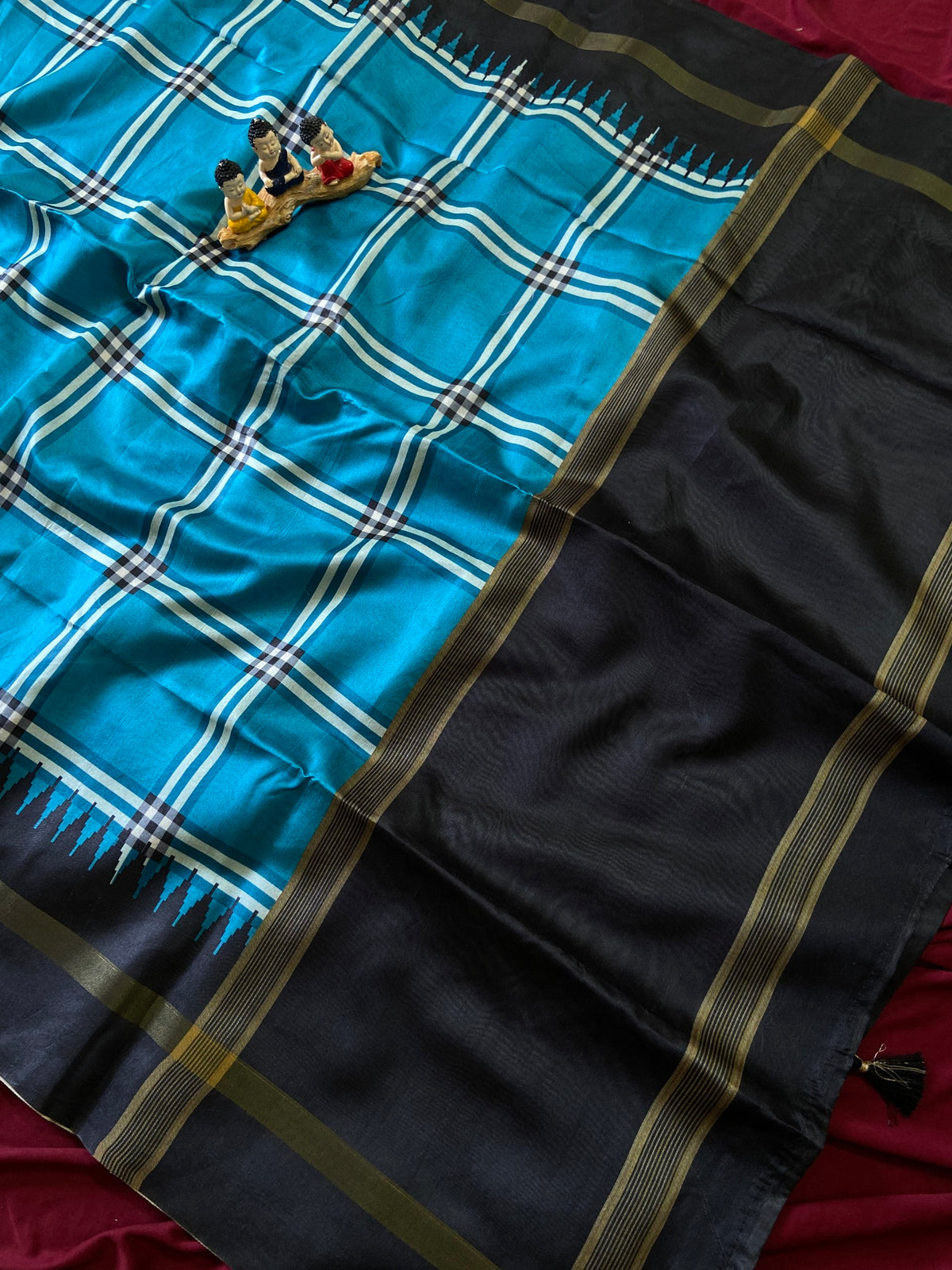 Sky Blue Tussar Silk Plaid Saree, view 4