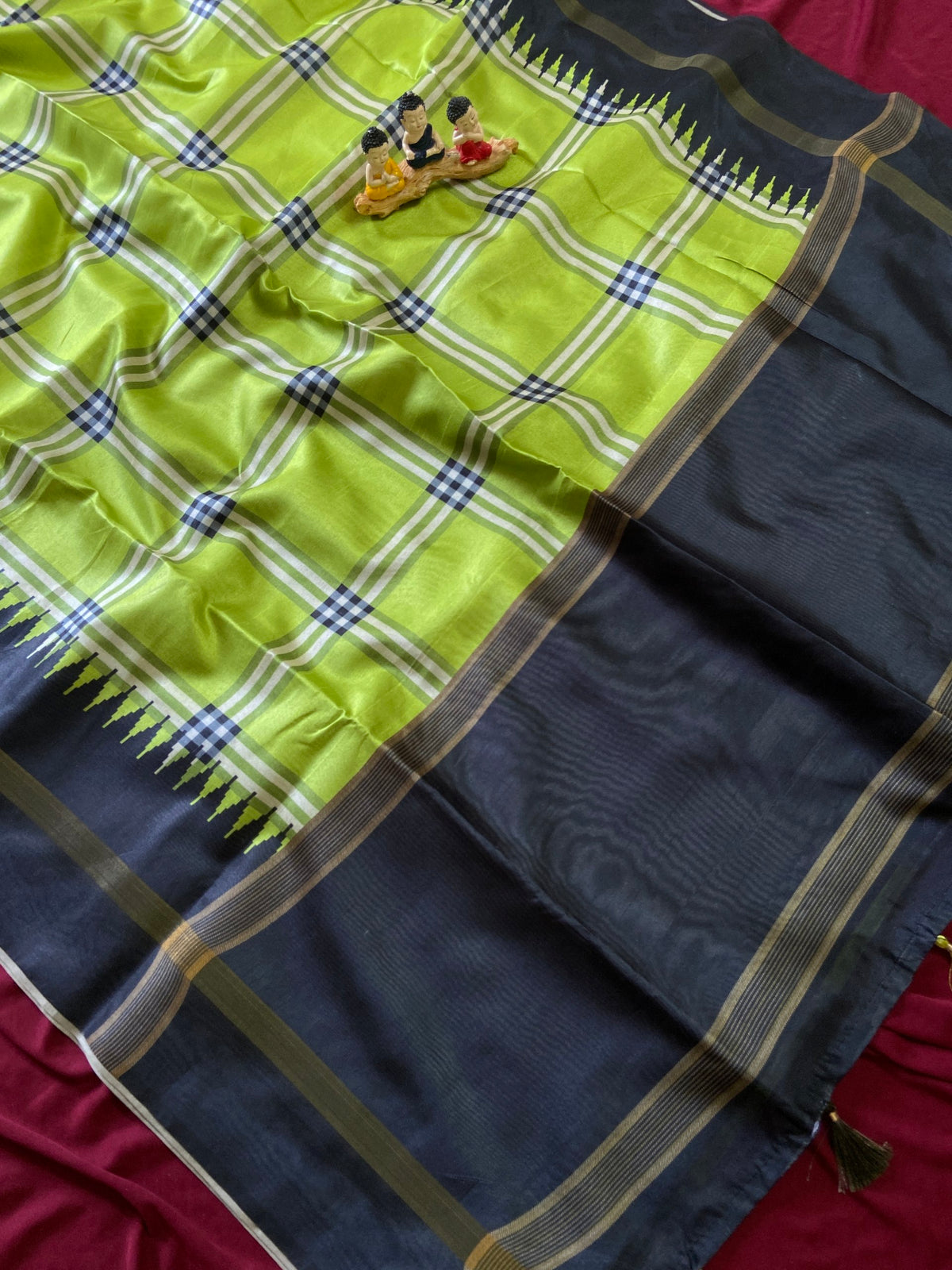 Lime Green Tussar Silk Plaid Saree, view 4