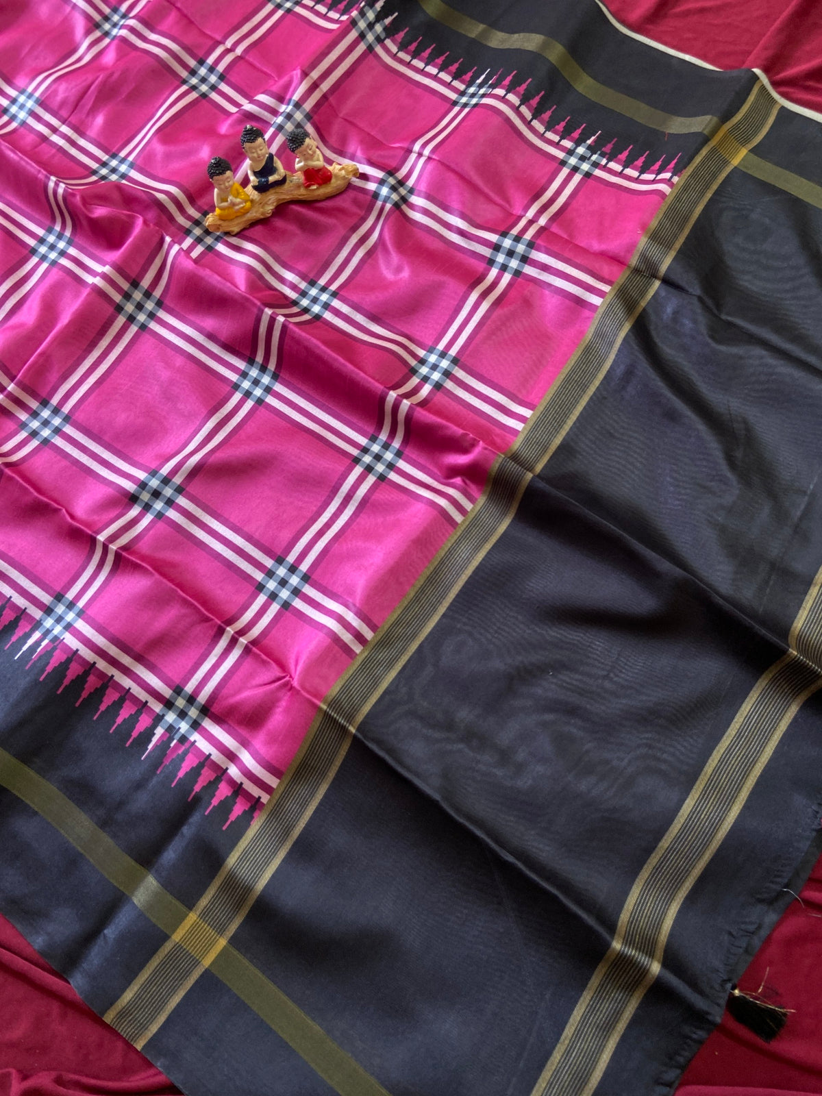 Rani Pink Tussar Silk Plaid Saree, view 4