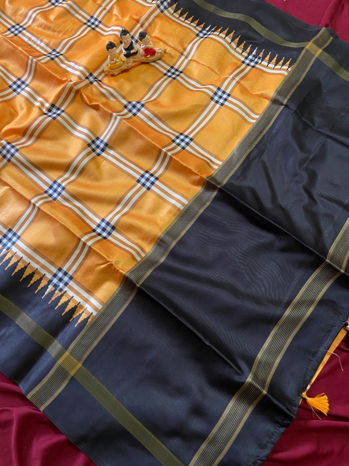 Mustard Tussar Silk Plaid Saree, view 4