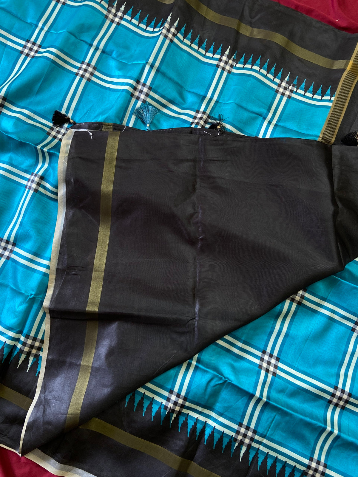 Sky Blue Tussar Silk Plaid Saree, view 5