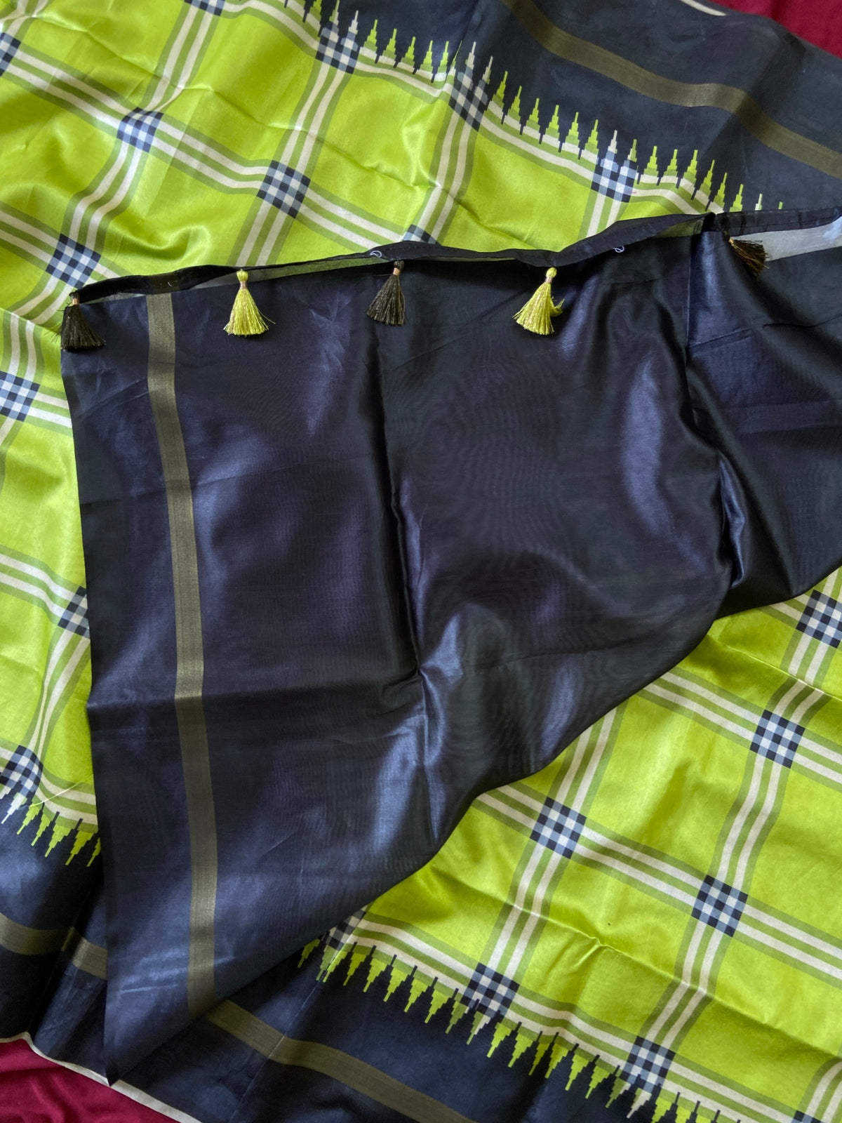 Lime Green Tussar Silk Plaid Saree, view 5