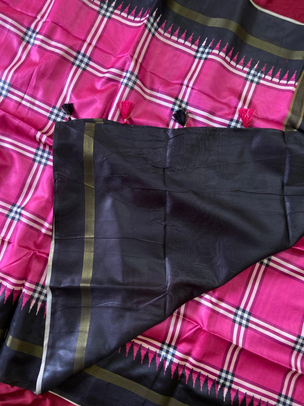 Rani Pink Tussar Silk Plaid Saree, view 5