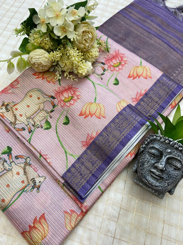 Lavender Tussar Silk Lotus Print Saree