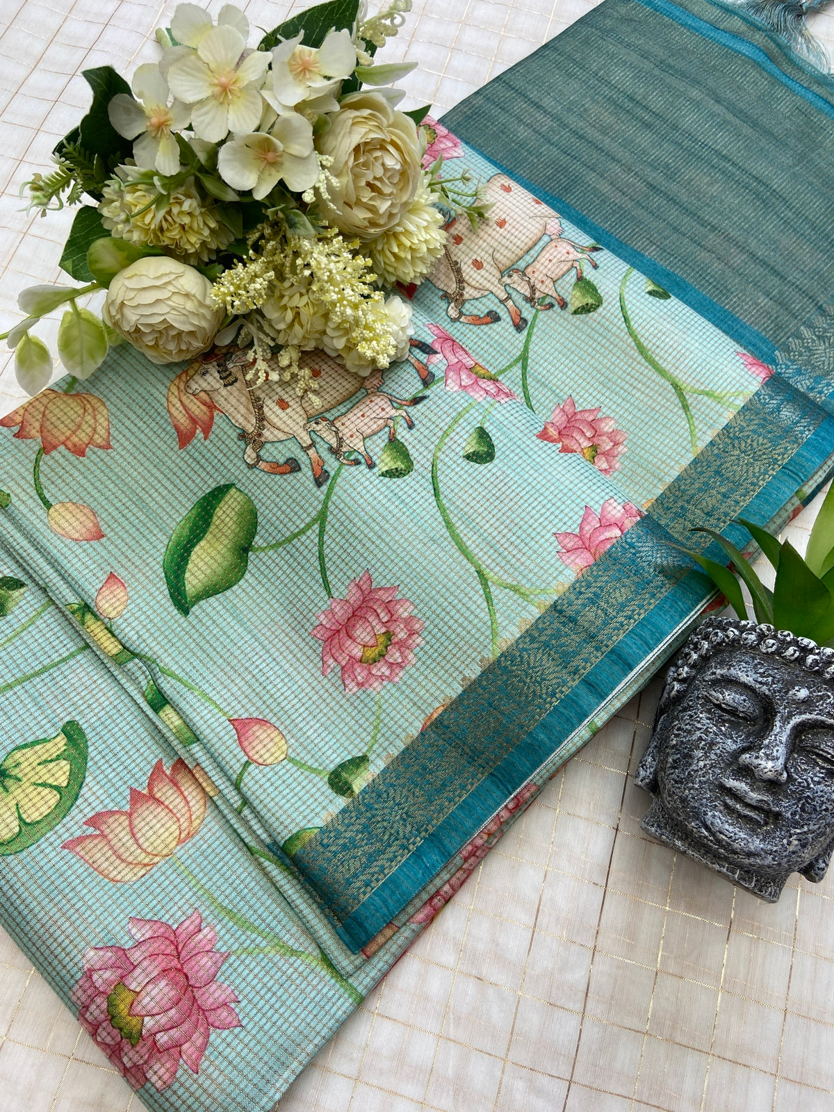 Teal Tussar Silk Lotus Print Saree