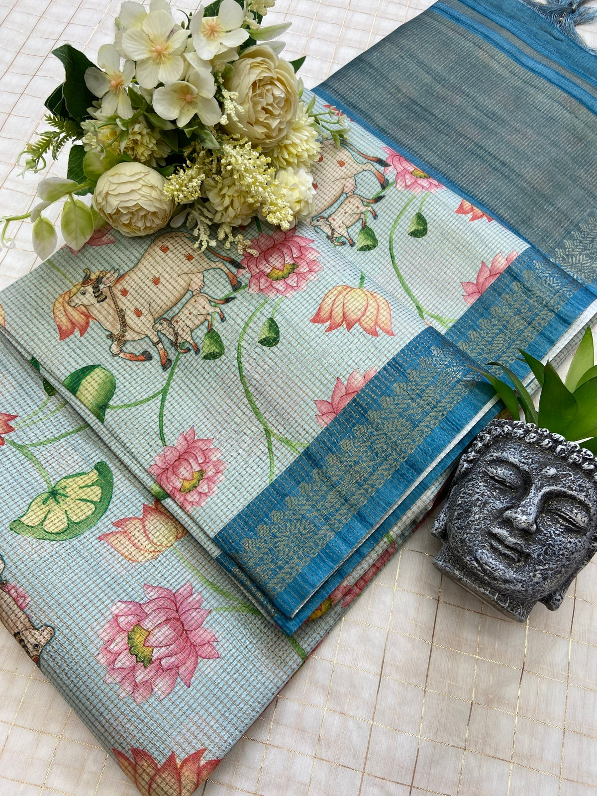 Blue Tussar Silk Lotus Print Saree