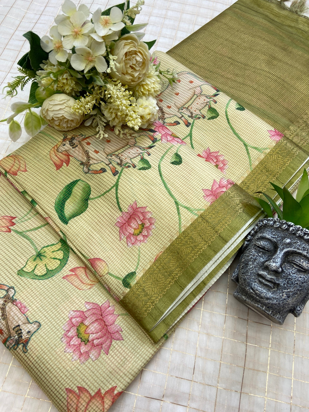 Olive Tussar Silk Lotus Print Saree