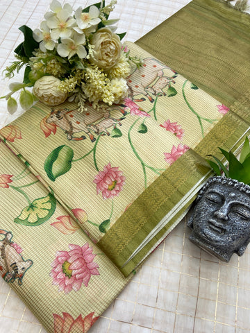 Olive Tussar Silk Lotus Print Saree