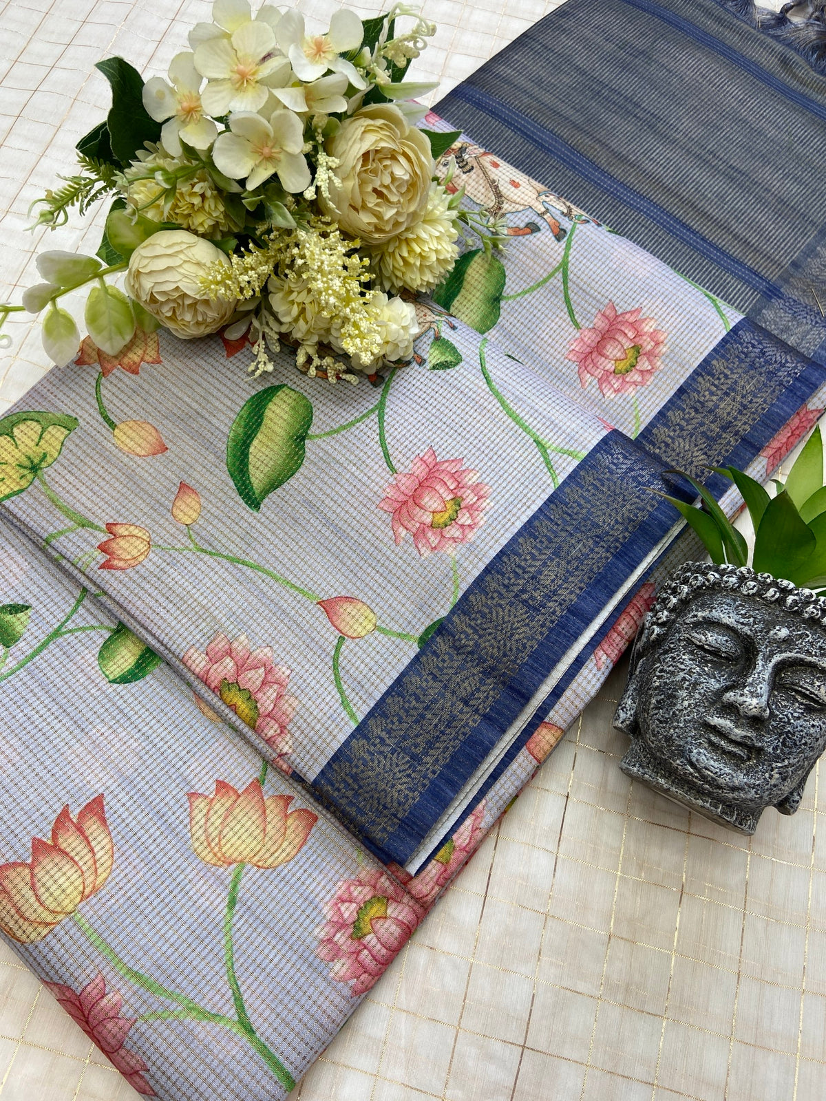 Navy Blue Tussar Silk Lotus Print Saree