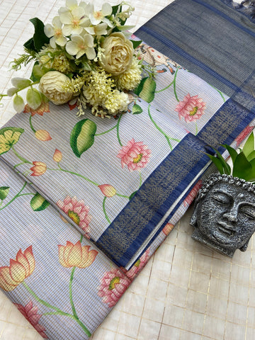 Navy Blue Tussar Silk Lotus Print Saree