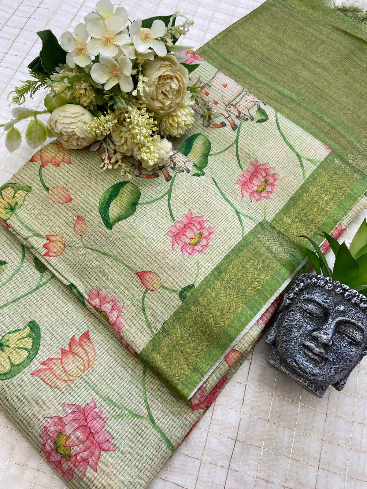 Green Tussar Silk Lotus Print Saree