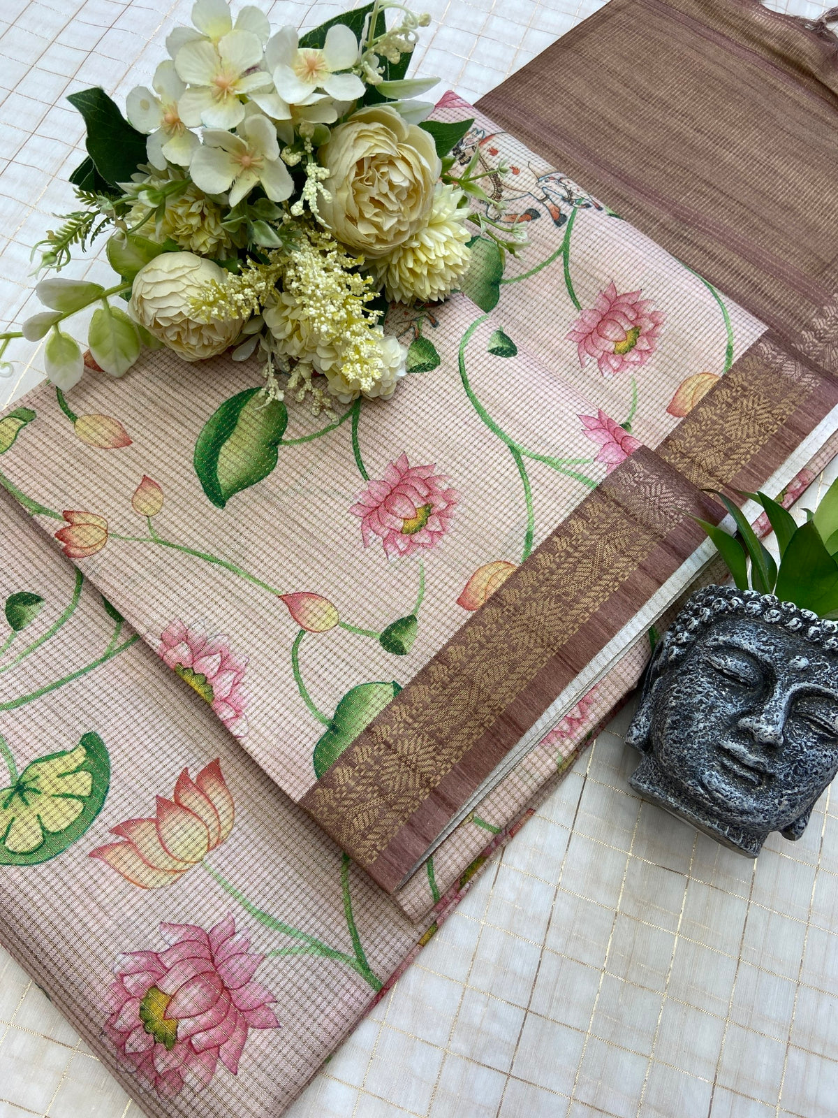 Brown Tussar Silk Lotus Print Saree