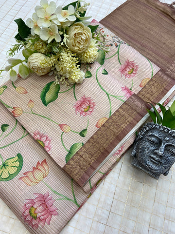 Brown Tussar Silk Lotus Print Saree